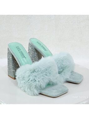 Furry Sparkle Mint Green Slip On Chunky Rhinestone Heel Shoes Marabou